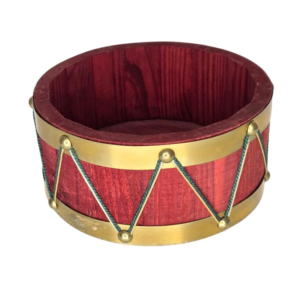 Vintage Wooden Nutcracker Drum Bowl Red Brass Gold Tassel Christmas Decor Vase